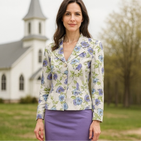 Floral Silk Blazer Women’s Size 8 Jacket Long Sleeves Shoulder Pads Lightweight - Picture 10 of 11